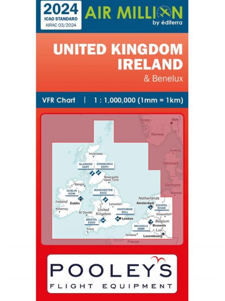 CARTE VFR 1/1000.000 UNITED KINGDOM + IRELAND + BENELUX + SHETLAND AIR MILLION PARUTION 2024